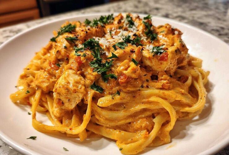 A close-up of a white plate piled high with Creamy Cajun Pasta with Chicken and Spice, garnished with parsley.