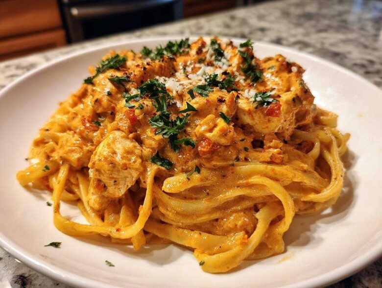 A close-up of a white plate piled high with Creamy Cajun Pasta with Chicken and Spice, garnished with parsley.