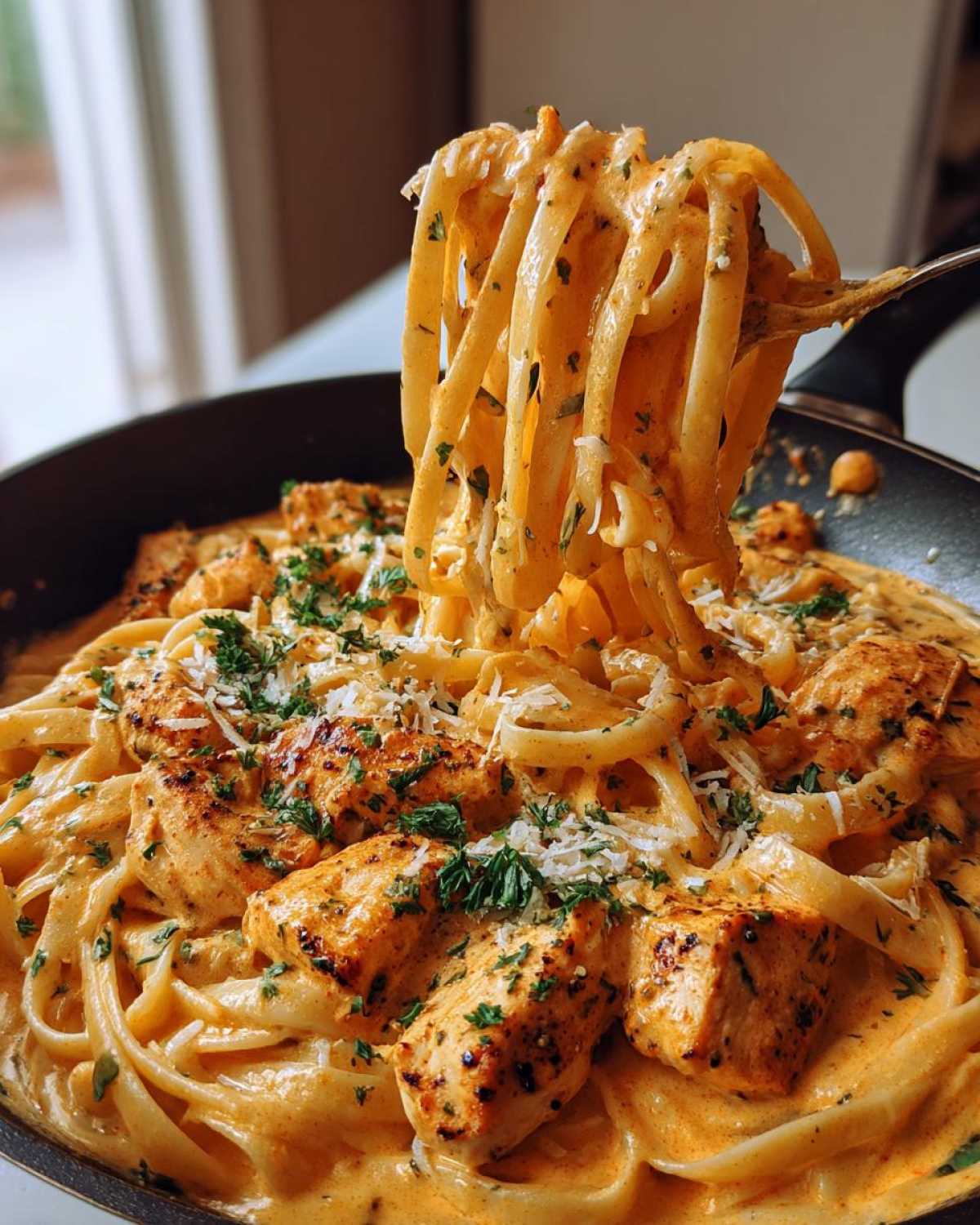 A fork lifts linguine noodles coated in orange sauce from a pan of Creamy Cajun Pasta with Chicken and spice.