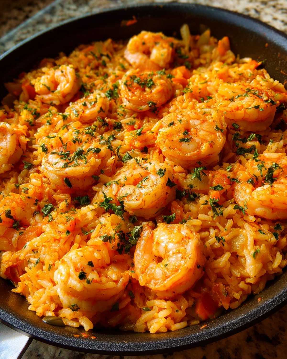 Close-up of a skillet filled with vibrant orange Creamy Cajun Shrimp and Rice Skillet, topped with fresh parsley.