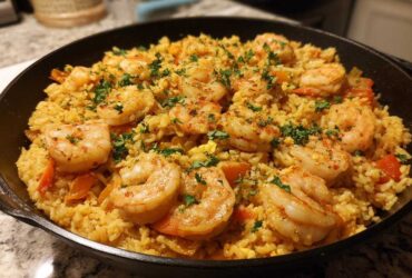 Close-up of a skillet filled with Creamy Cajun Shrimp and Rice, topped with seasoned shrimp and fresh parsley.