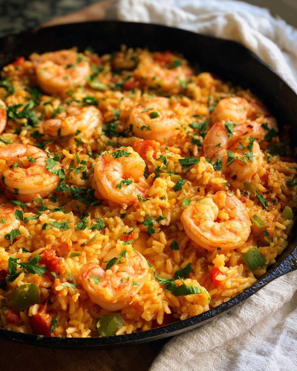 Close-up of Creamy Cajun Shrimp and Rice Skillet topped with fresh parsley in a dark skillet.