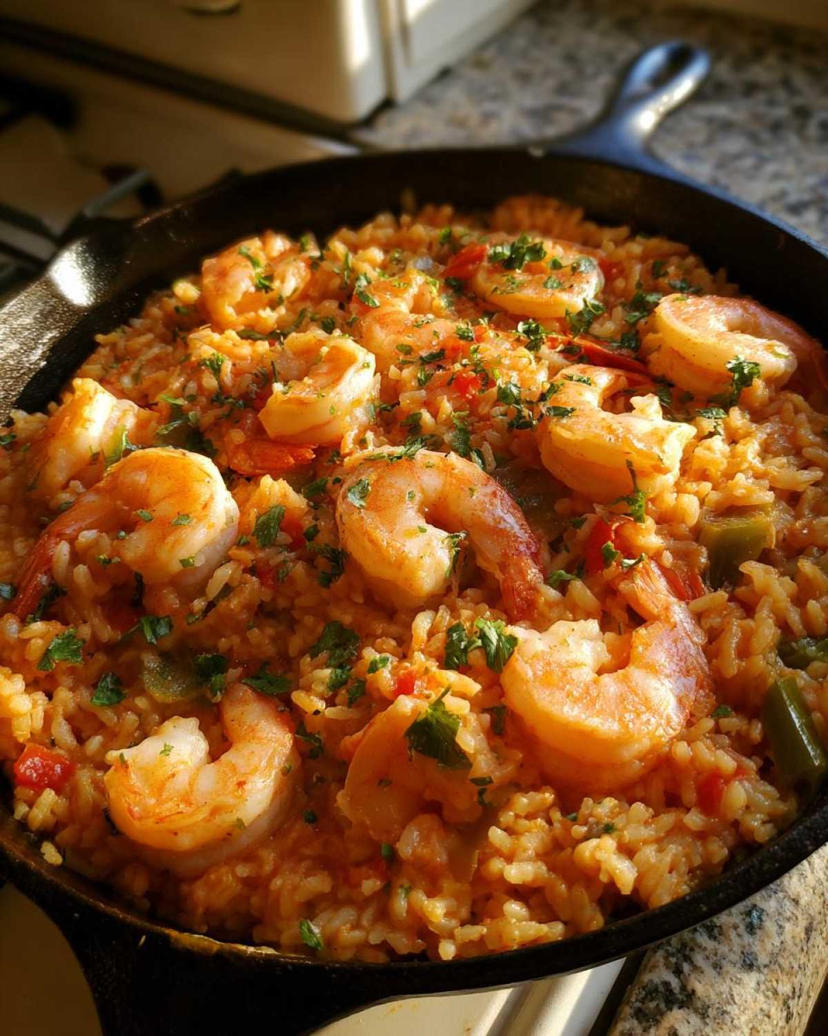 Close-up of Creamy Cajun Shrimp and Rice Skillet topped with large shrimp and fresh parsley in a black skillet.