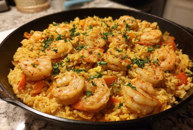 Close-up of a skillet filled with Creamy Cajun Shrimp and Rice, topped with seasoned shrimp and fresh parsley.