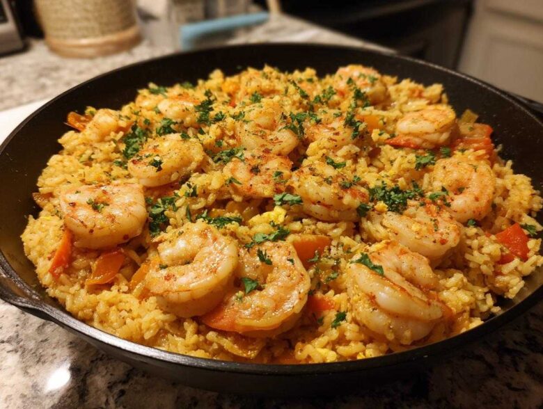 Close-up of a skillet filled with Creamy Cajun Shrimp and Rice, topped with seasoned shrimp and fresh parsley.