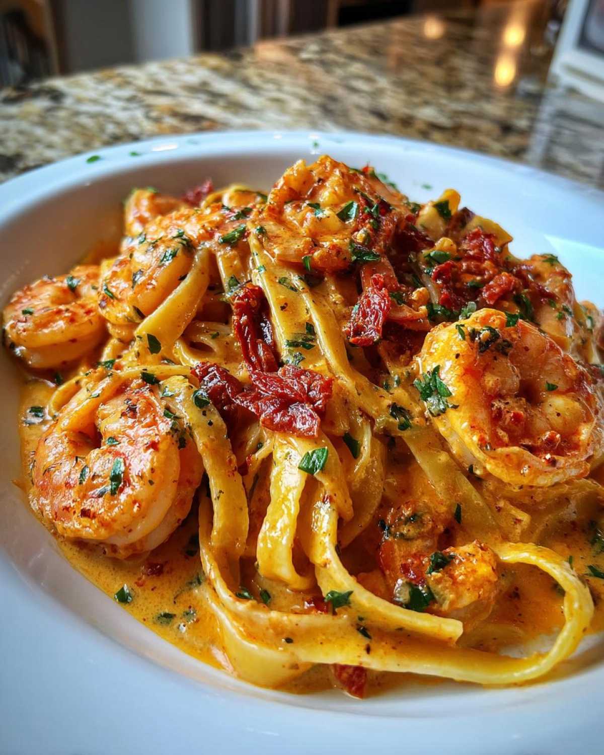 Close-up of Creamy Cajun Shrimp Pasta featuring fettuccine coated in a rich, orange-hued sauce with plump shrimp and sun-dried tomatoes.