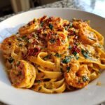 A close-up view of rich, creamy Cajun shrimp pasta topped with sun-dried tomatoes and fresh parsley.