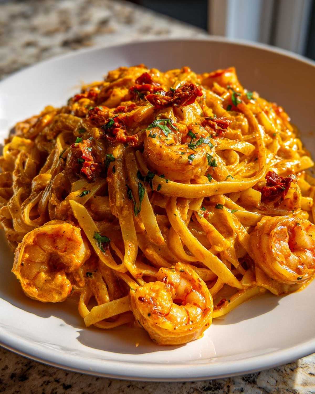 Close-up of fettuccine coated in a rich, orange-hued sauce, topped with seasoned shrimp for Creamy Cajun Shrimp Pasta.