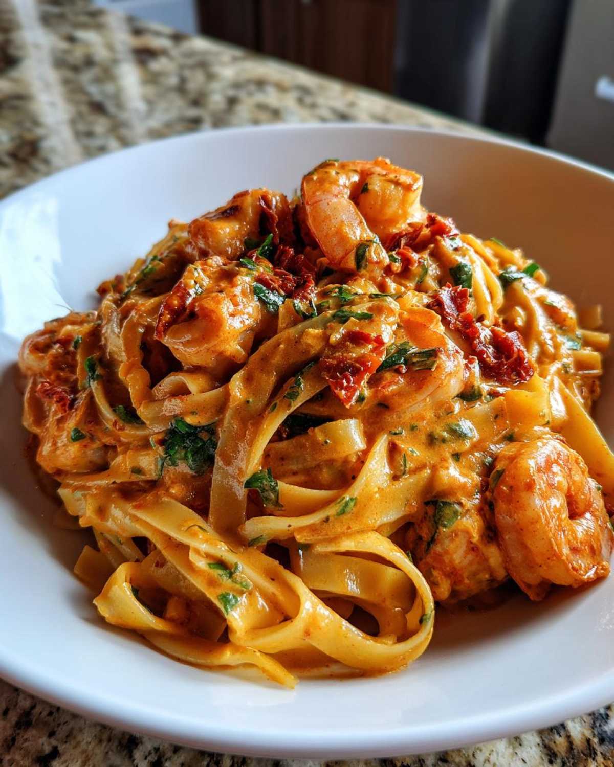 Close-up of Creamy Cajun Shrimp Pasta featuring fettuccine coated in a rich, orange sauce with cooked shrimp and herbs.