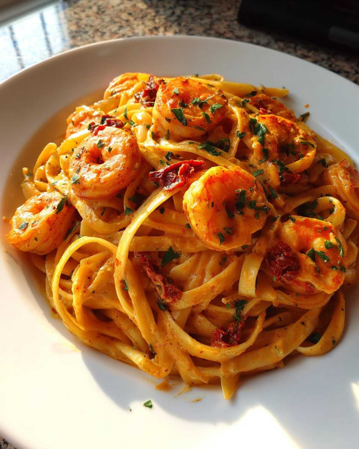 Close-up of Creamy Cajun Shrimp Pasta with bold sauce, topped with seasoned shrimp and parsley.