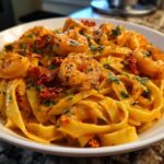 Close-up of a bowl of Creamy Cajun Shrimp Pasta featuring fettuccine, seasoned shrimp, and sun-dried tomatoes.