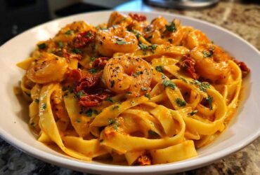 Close-up of a bowl of Creamy Cajun Shrimp Pasta featuring fettuccine, seasoned shrimp, and sun-dried tomatoes.