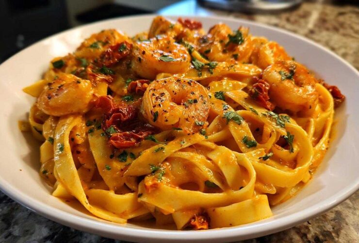 Close-up of a bowl of Creamy Cajun Shrimp Pasta featuring fettuccine, seasoned shrimp, and sun-dried tomatoes.