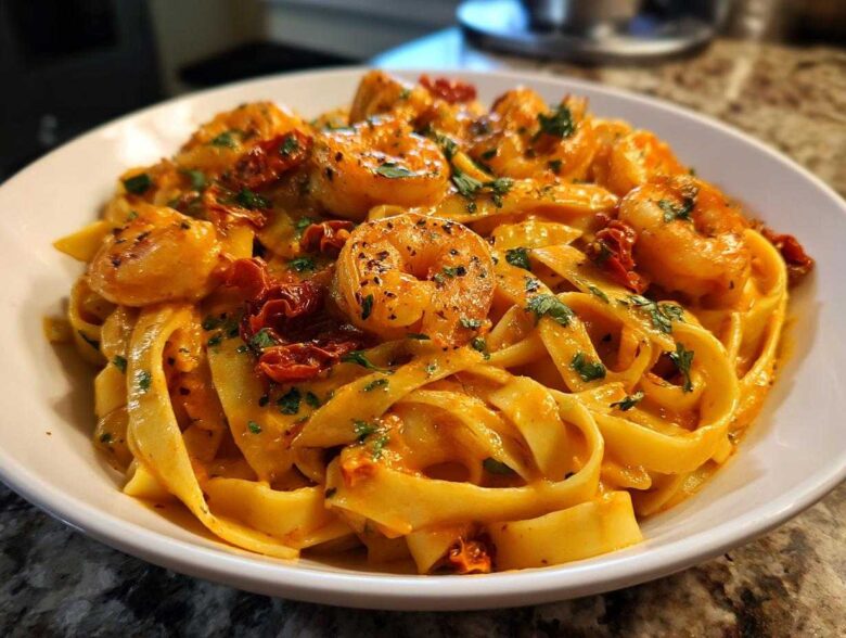 Close-up of a bowl of Creamy Cajun Shrimp Pasta featuring fettuccine, seasoned shrimp, and sun-dried tomatoes.