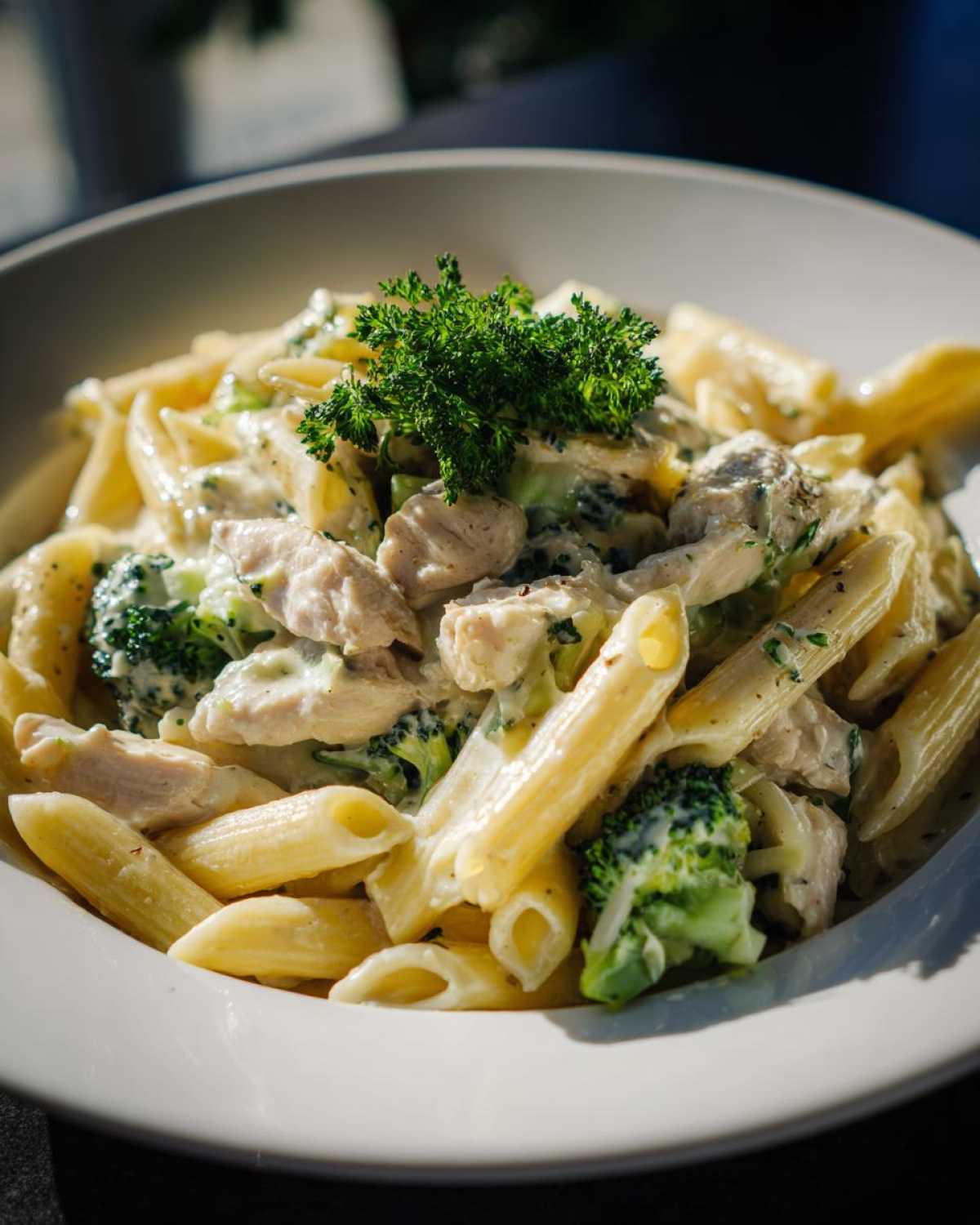 A close-up of a bowl filled with creamy chicken and broccoli pasta dinner, garnished with fresh parsley.