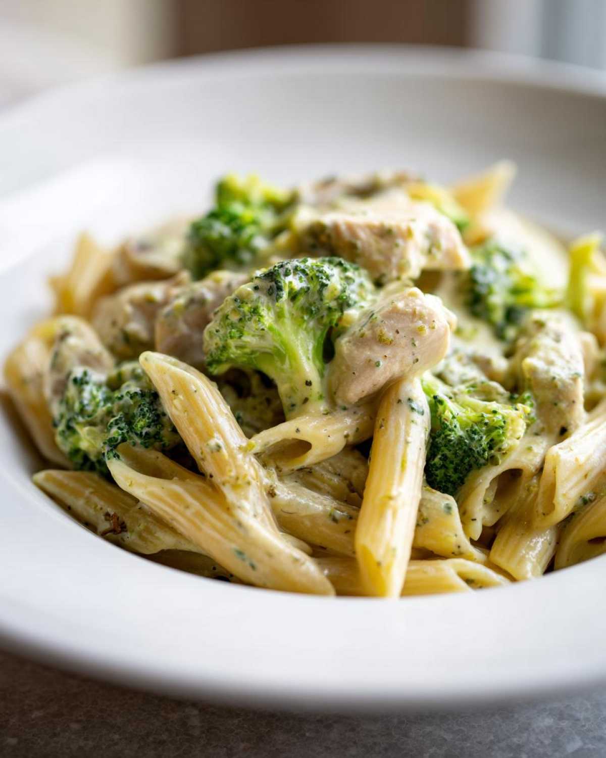 A close-up view of penne pasta coated in a creamy sauce with chunks of chicken and bright green broccoli florets, part of a Creamy Chicken and Broccoli Pasta Dinner.