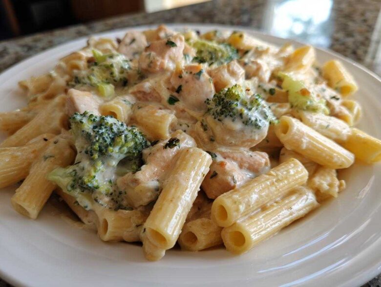 A close-up of a white plate filled with Creamy Chicken and Broccoli Pasta Dinner featuring penne pasta, chunks of chicken, and bright green broccoli florets.