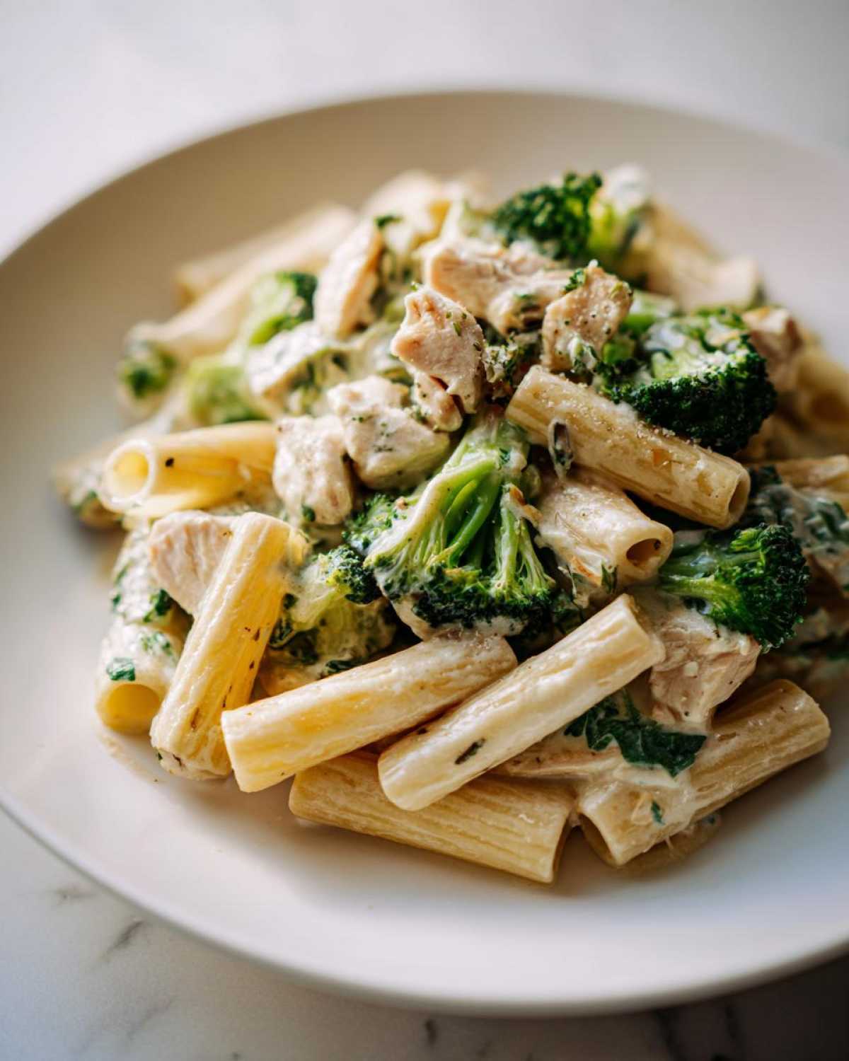 A close-up of a serving of Creamy Chicken and Broccoli Pasta Dinner featuring rigatoni pasta, chunks of chicken, and bright green broccoli florets.