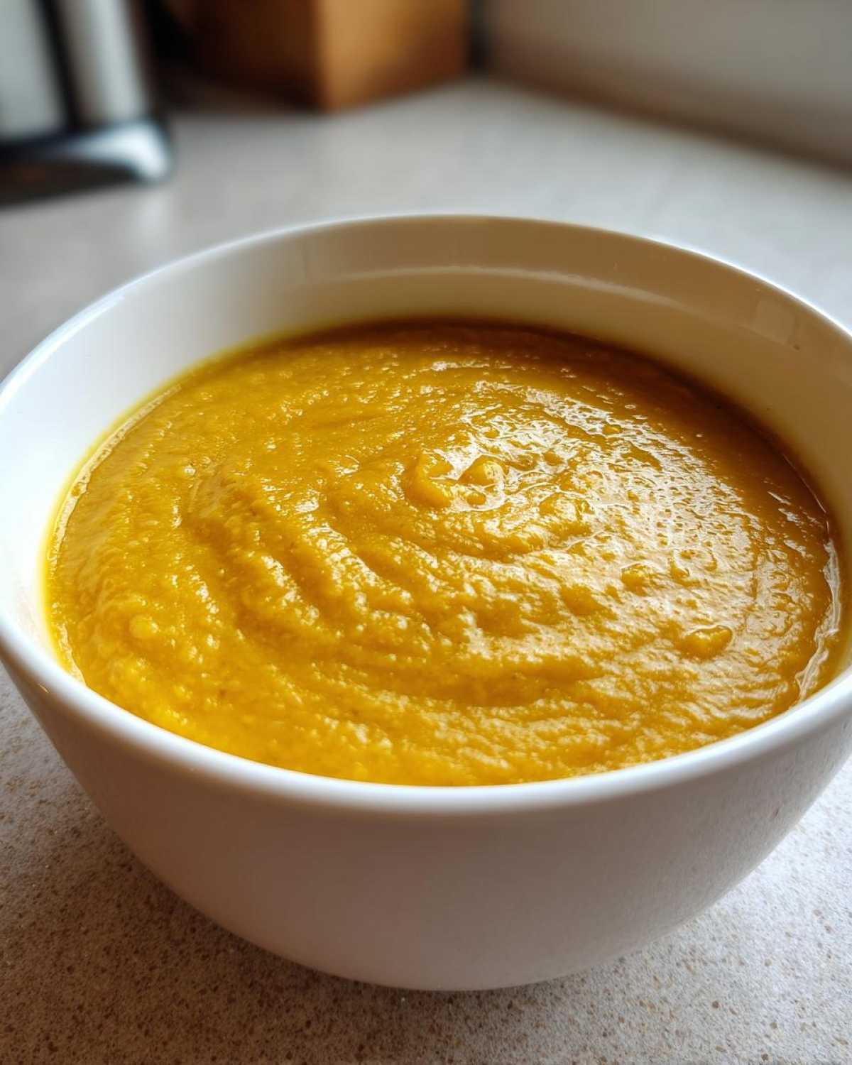 Close-up of a white bowl filled with thick, vibrant orange Creamy Coconut Lentil Soup.