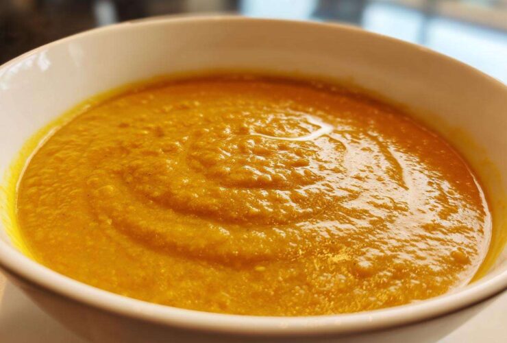 Close-up of a white bowl filled with vibrant orange Creamy Coconut Lentil Soup, showing a rich, thick texture.