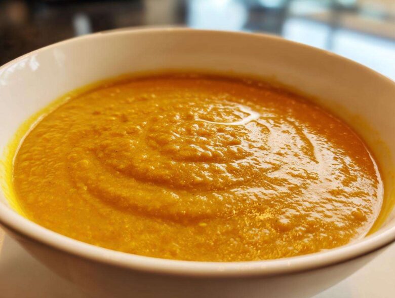 Close-up of a white bowl filled with vibrant orange Creamy Coconut Lentil Soup, showing a rich, thick texture.