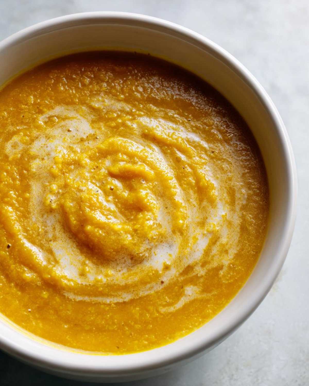 Close-up overhead view of vibrant orange Creamy Coconut Lentil Soup swirled with coconut cream in a white bowl.