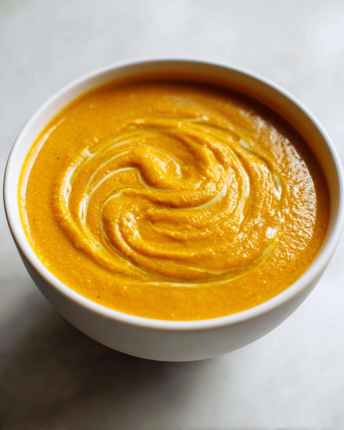 A vibrant orange, thick Creamy Coconut Lentil Soup in a white bowl, garnished with a swirl of cream.
