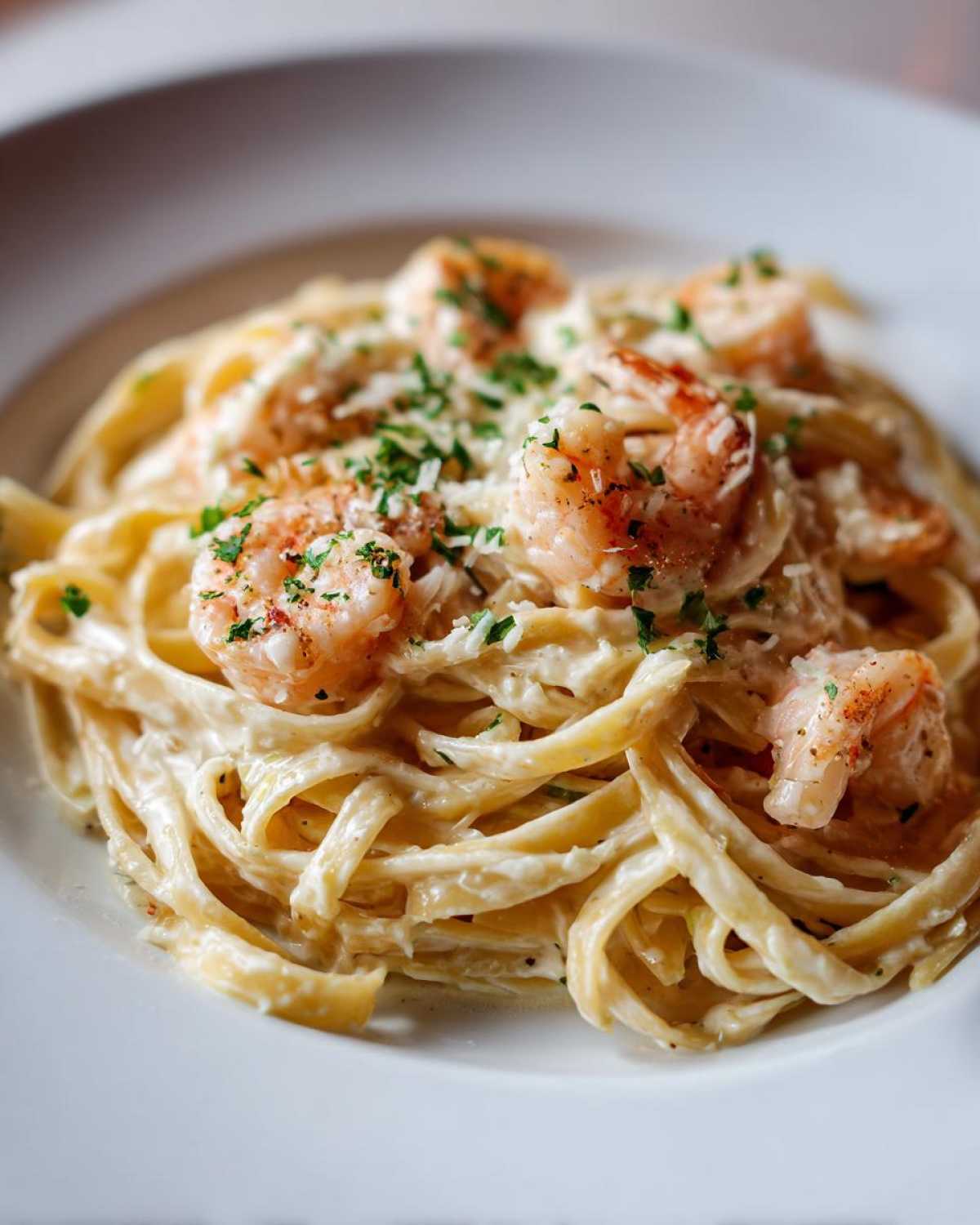 Close-up of creamy Garlic Butter Shrimp Alfredo Pasta with fettuccine noodles, topped with shrimp and parsley.