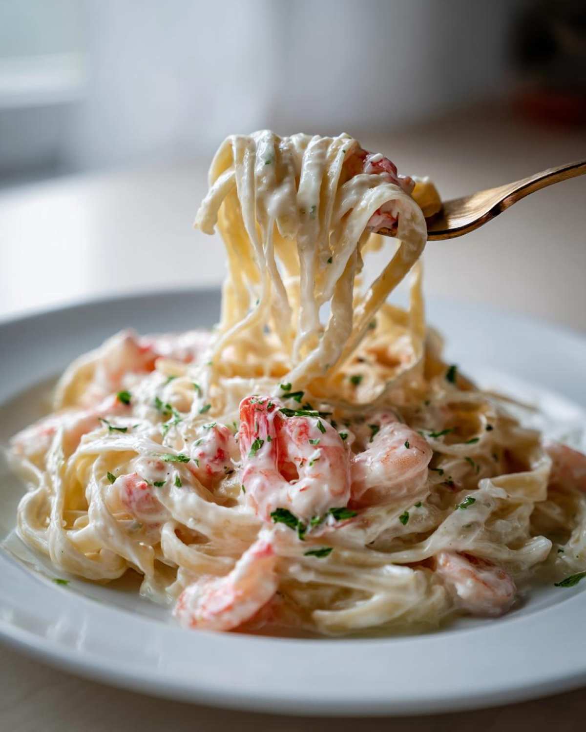 A fork lifting creamy Garlic Butter Shrimp Alfredo Pasta, showing rich sauce coating the fettuccine and pink shrimp.