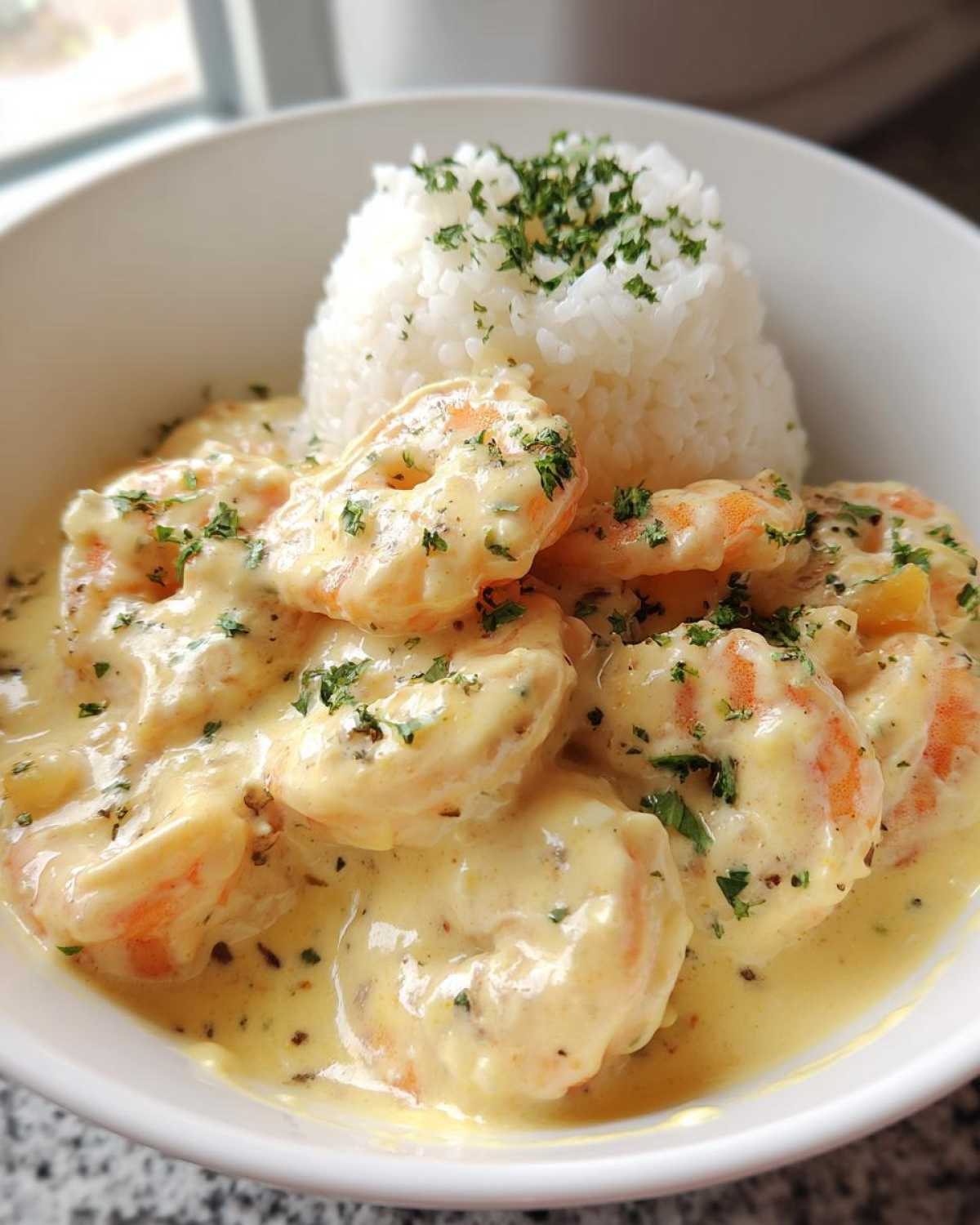Close-up of a white bowl filled with Creamy Garlic Shrimp with Rice Bowl, topped with parsley.