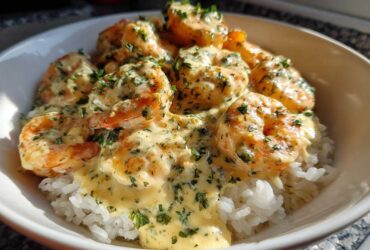 Close-up of a white bowl filled with white rice topped generously with creamy garlic shrimp and fresh parsley.