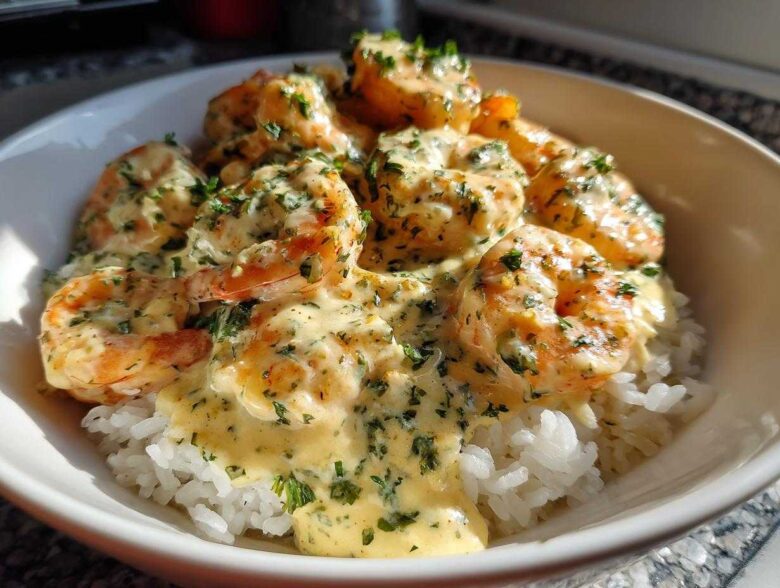 Close-up of a white bowl filled with white rice topped generously with creamy garlic shrimp and fresh parsley.
