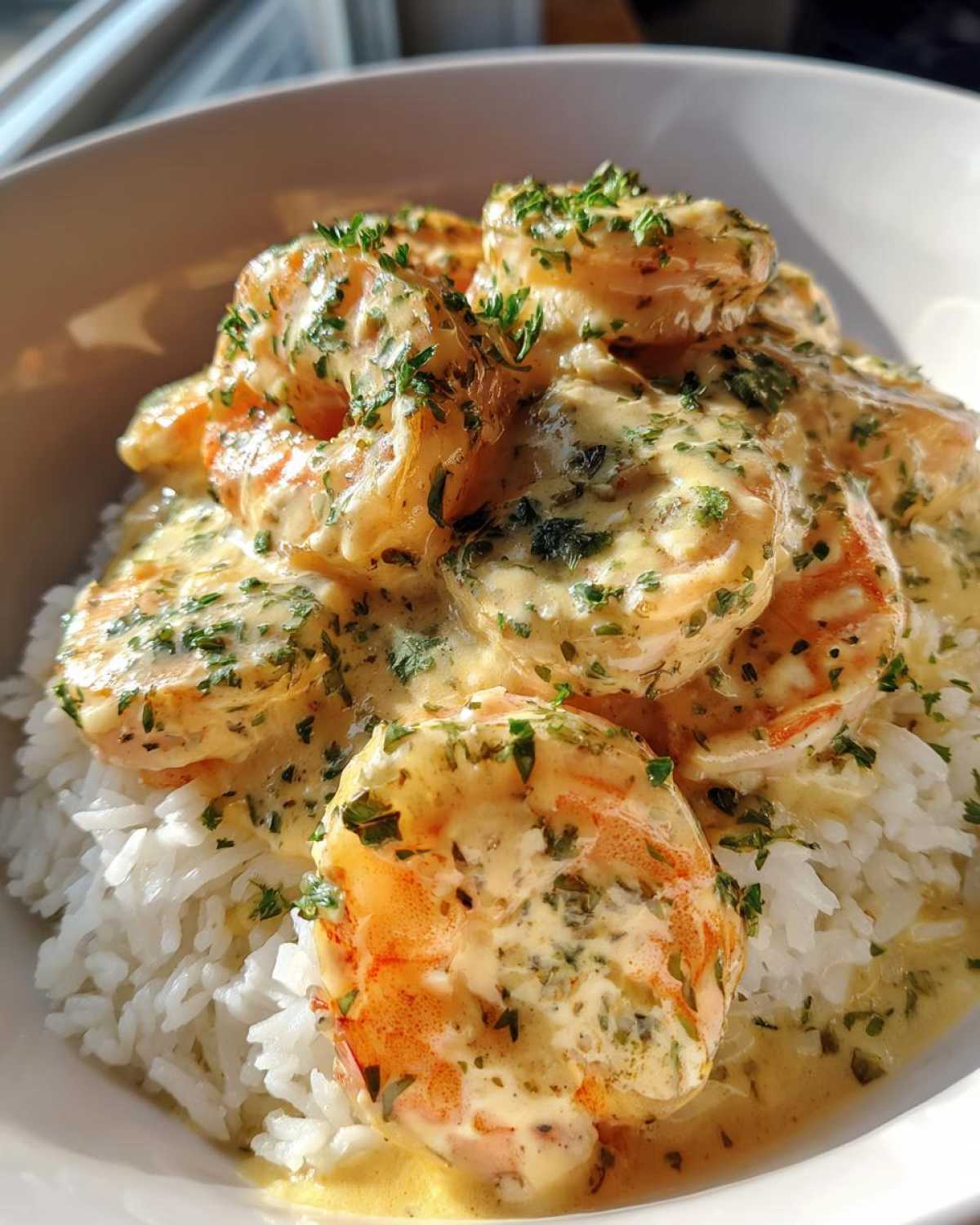 Close-up of a white bowl filled with white rice topped generously with creamy garlic shrimp and fresh parsley.