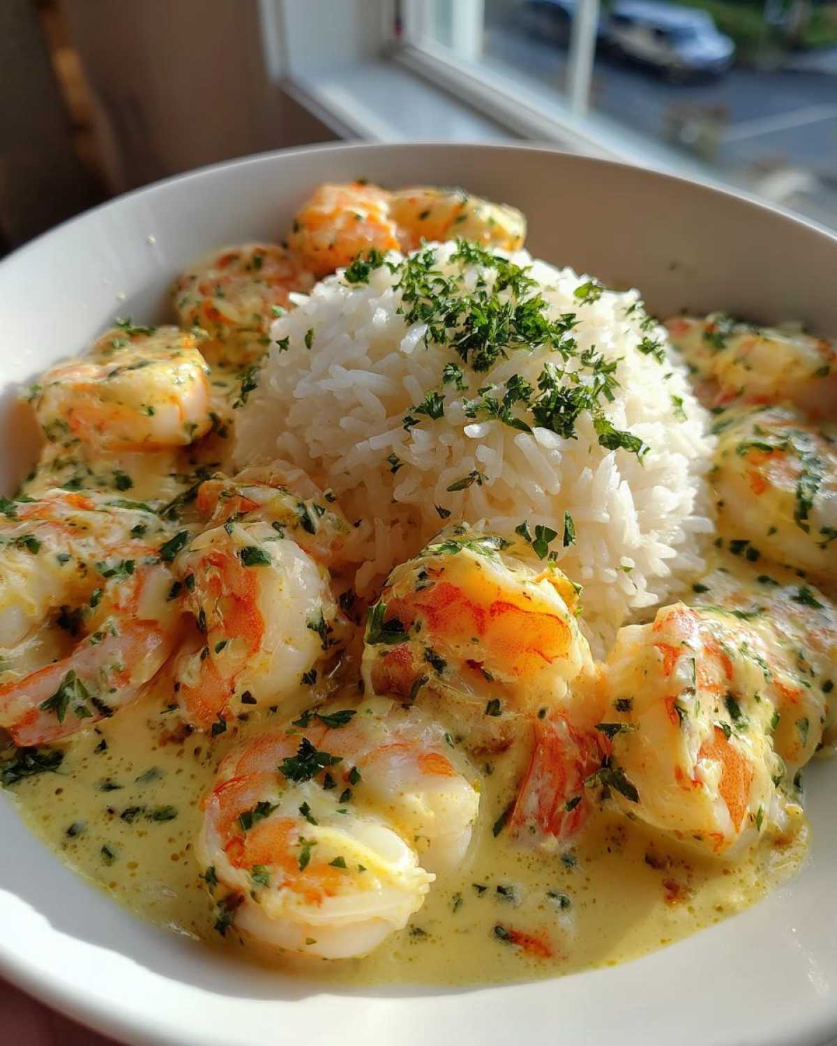 Close-up of a Creamy Garlic Shrimp with Rice Bowl, featuring plump shrimp in yellow garlic sauce over white rice.