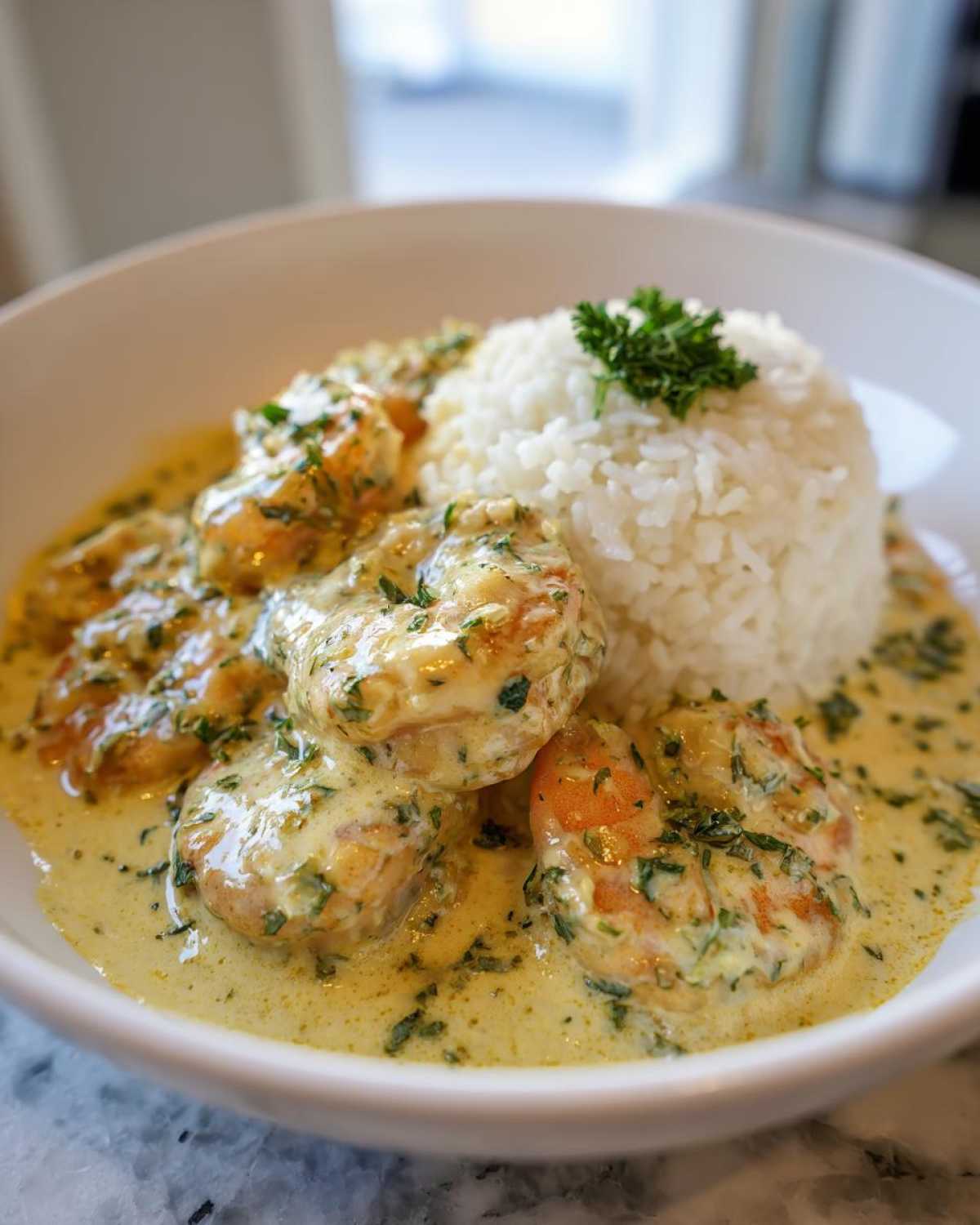 Close-up of a white bowl featuring Creamy Garlic Shrimp with Rice Bowl, smothered in rich sauce.