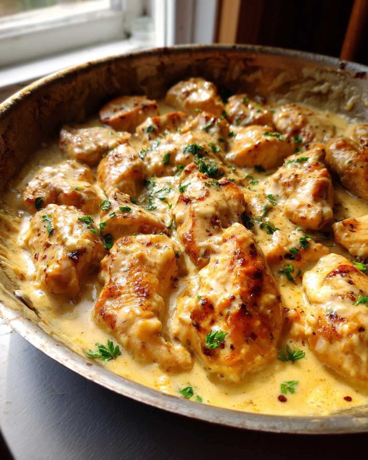 Golden-brown chicken pieces generously coated in a rich, creamy Honey Mustard Chicken Skillet with Cream Sauce, garnished with parsley.