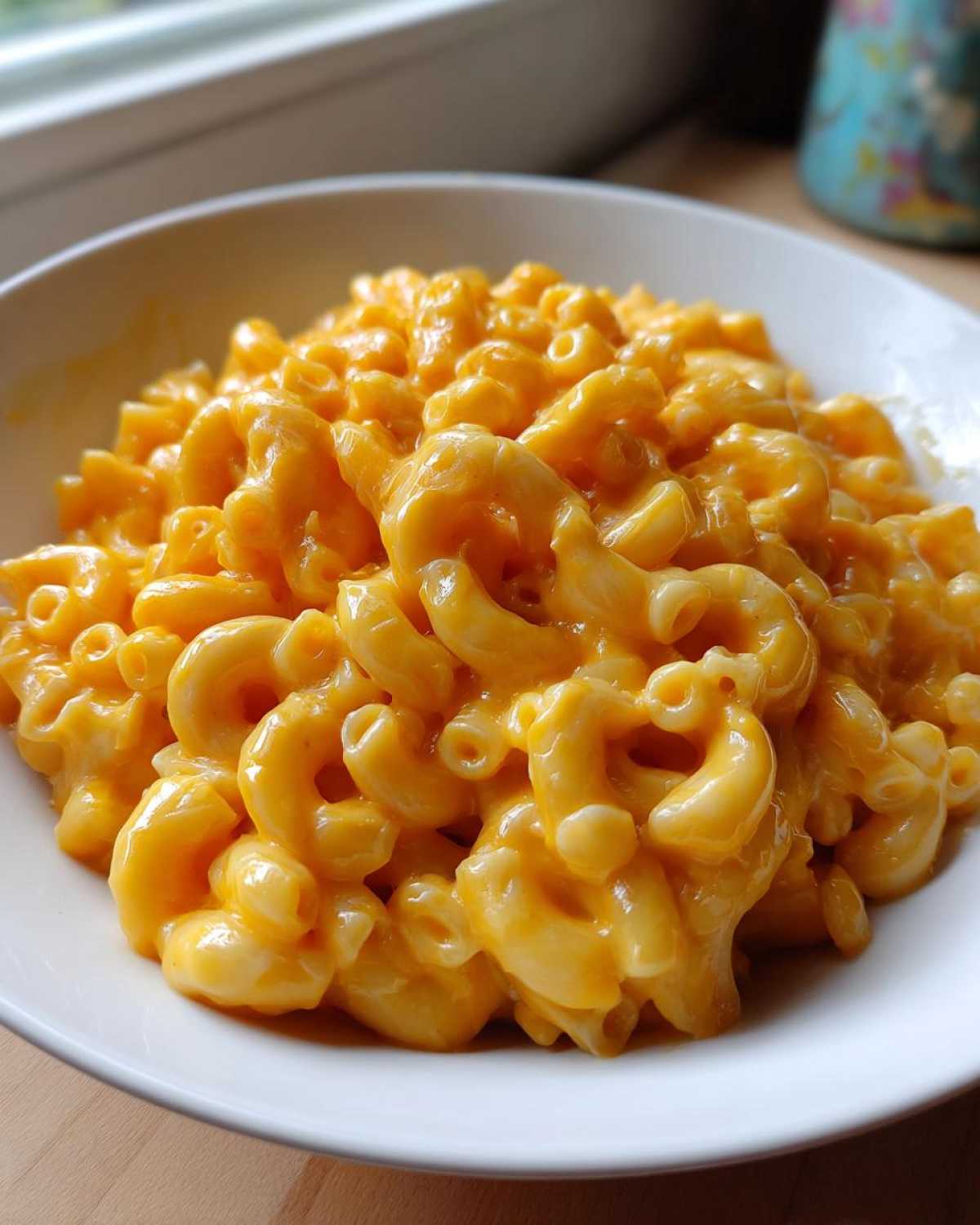 Close-up of rich, creamy Instant Pot Mac and Cheese served in a white bowl.