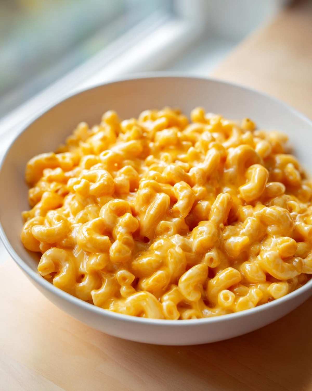 Close-up of a white bowl overflowing with creamy, bright orange Instant Pot Mac and Cheese.