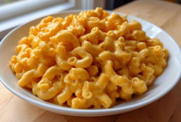 A close-up of a white bowl filled with rich, creamy Instant Pot Mac and Cheese, featuring elbow macaroni coated in bright orange cheese sauce.