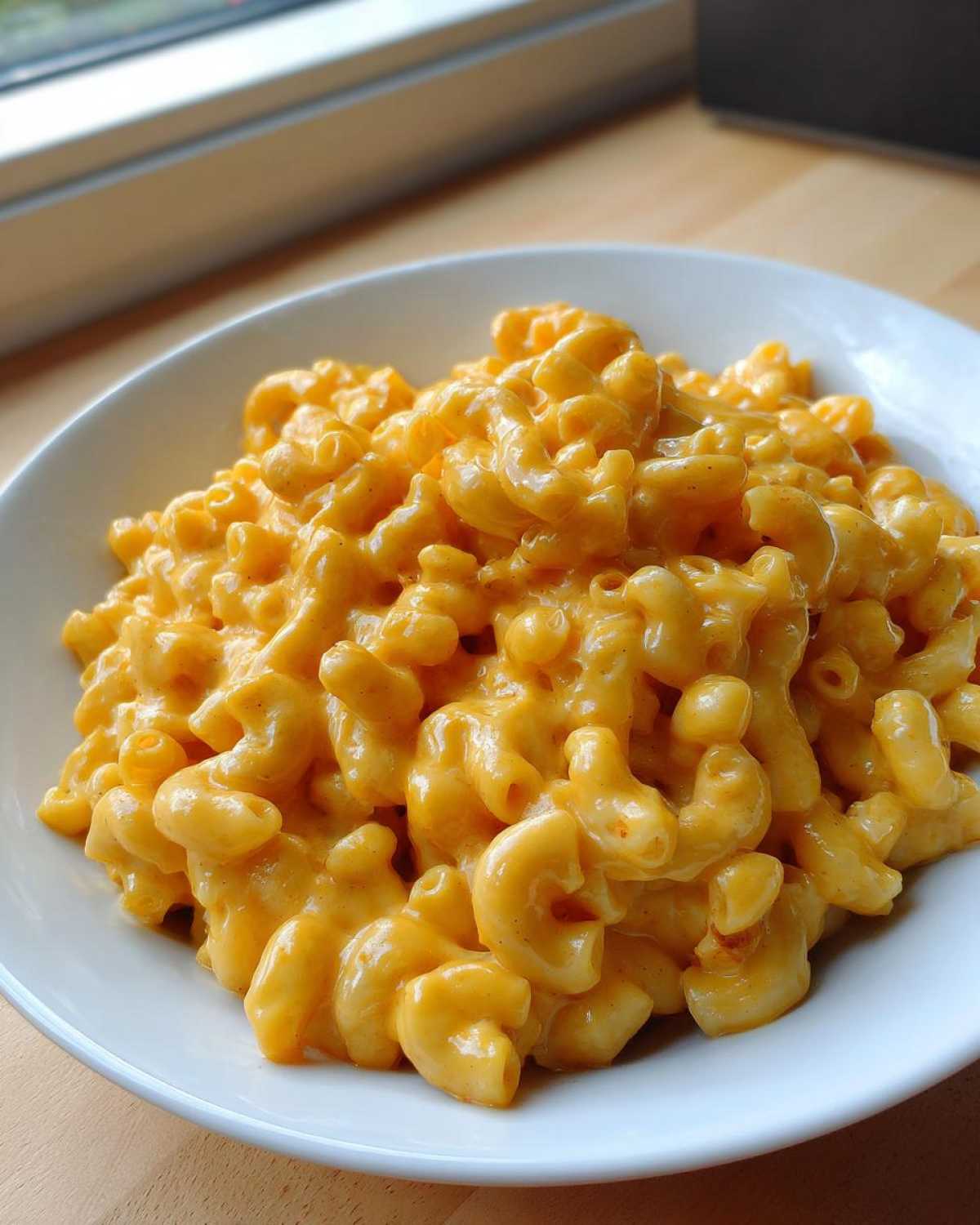 A close-up of rich, creamy Instant Pot Mac and Cheese served in a white bowl on a wooden surface.