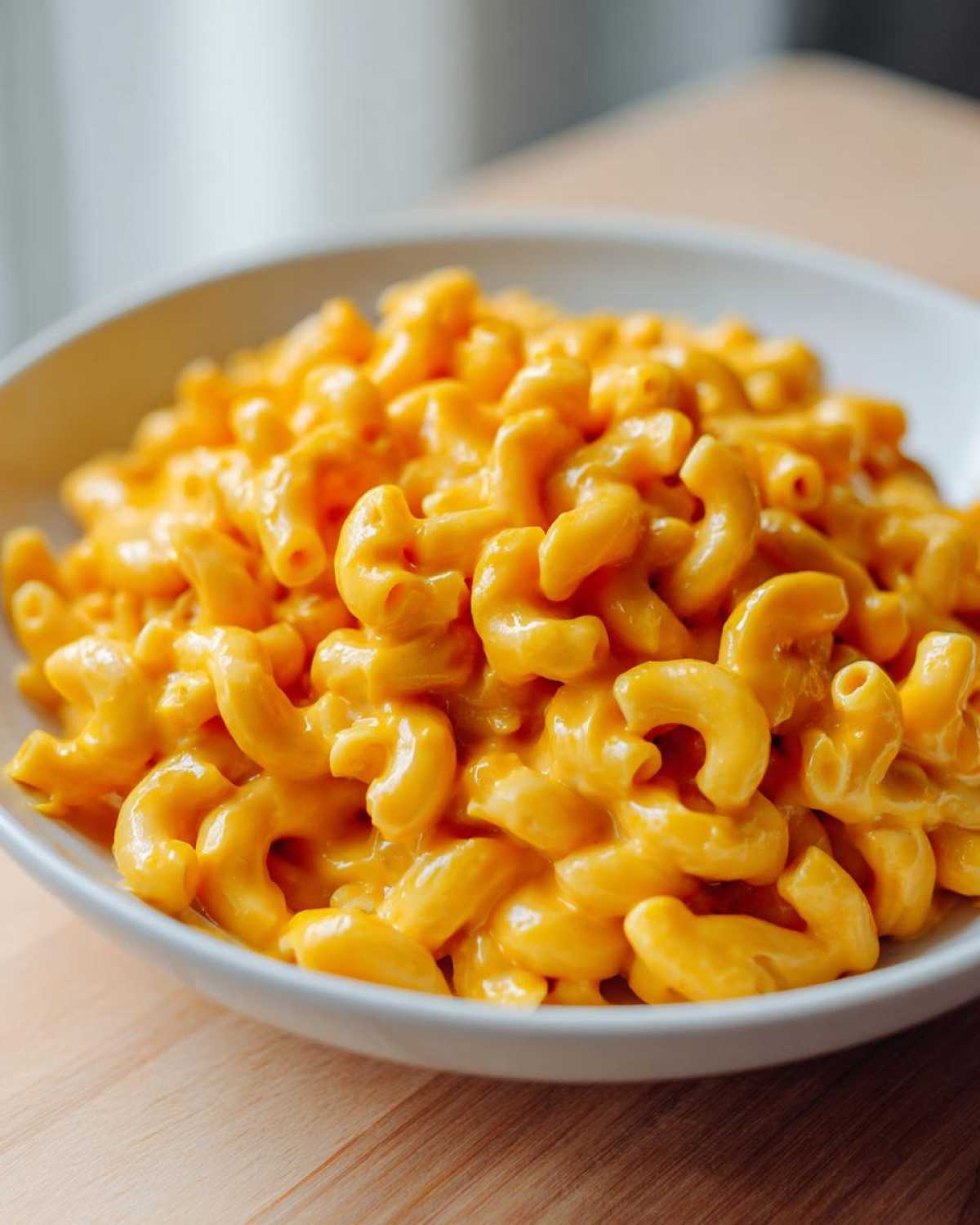 Close-up of a white bowl filled with creamy, bright orange Instant Pot Mac and Cheese.