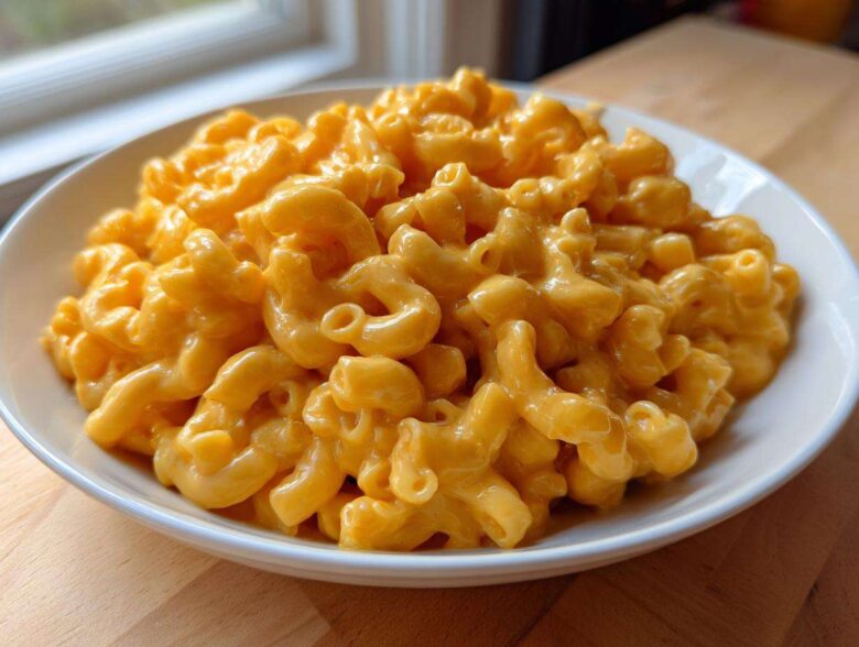 A close-up of a white bowl filled with rich, creamy Instant Pot Mac and Cheese, featuring elbow macaroni coated in bright orange cheese sauce.