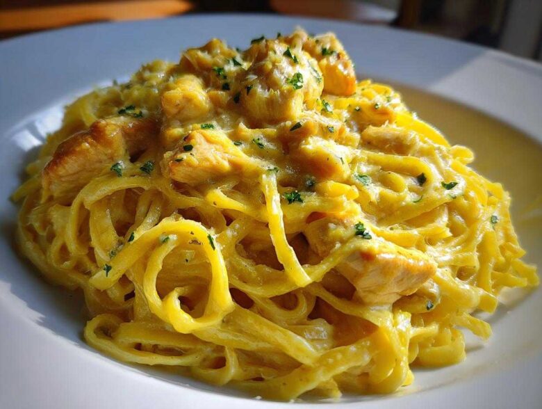Close-up of a plate piled high with Creamy Lemon Chicken Pasta with Parmesan, garnished with parsley.