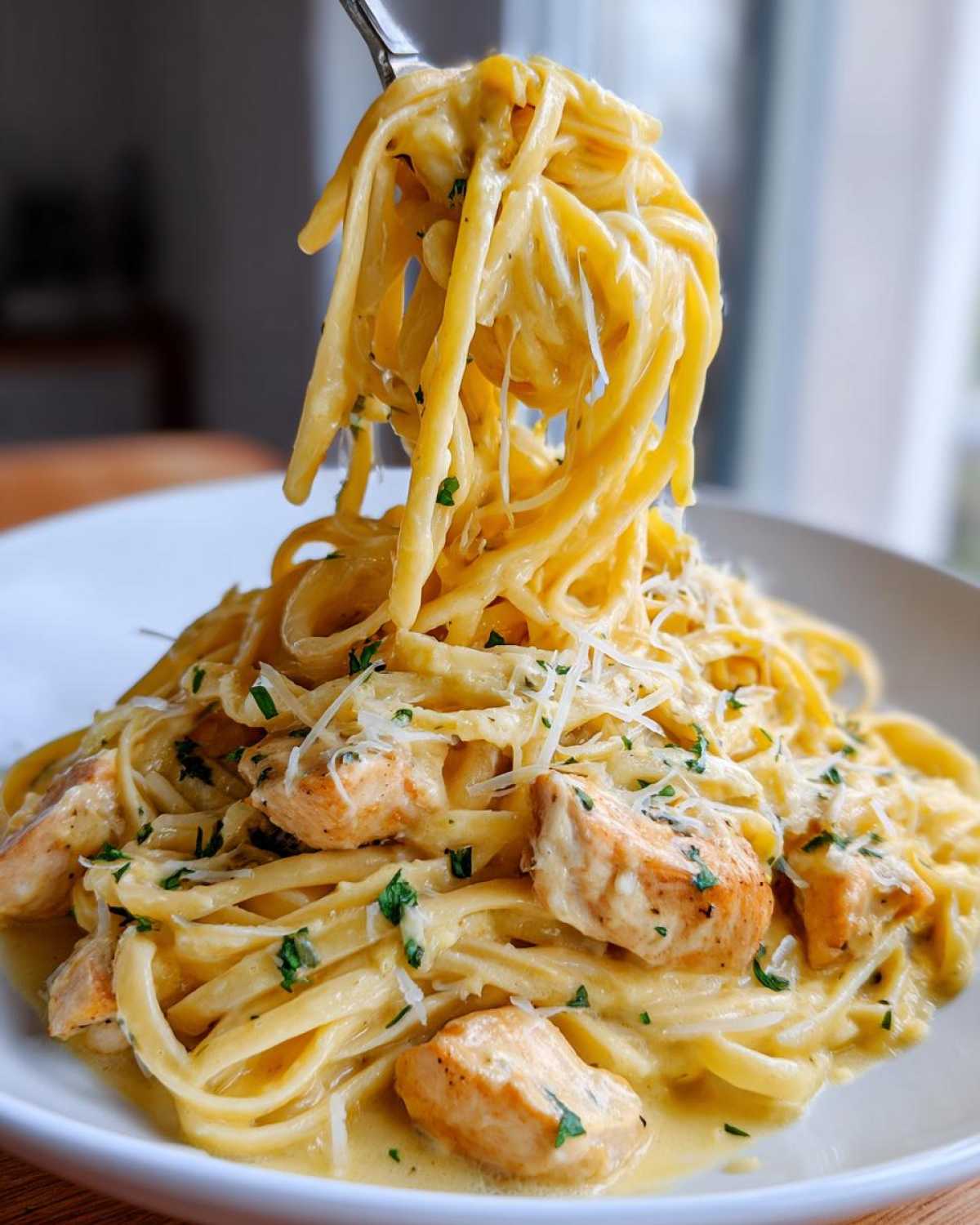 A fork lifts a generous portion of Creamy Lemon Chicken Pasta with Parmesan, showing the creamy sauce coating the fettuccine and chunks of chicken.