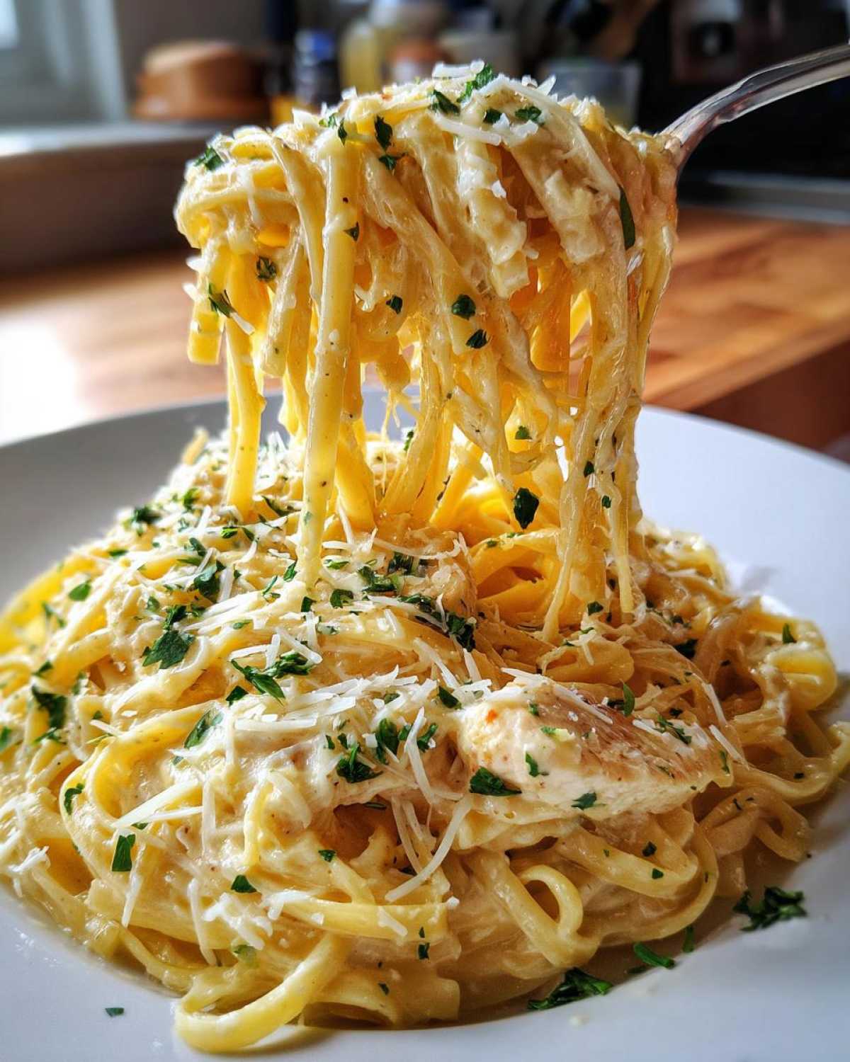 A fork lifting a generous portion of Creamy Lemon Chicken Pasta with Parmesan, showing rich sauce and shredded cheese.
