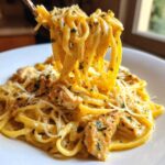 A fork lifts strands of creamy lemon chicken pasta with parmesan cheese and herbs from a white bowl.