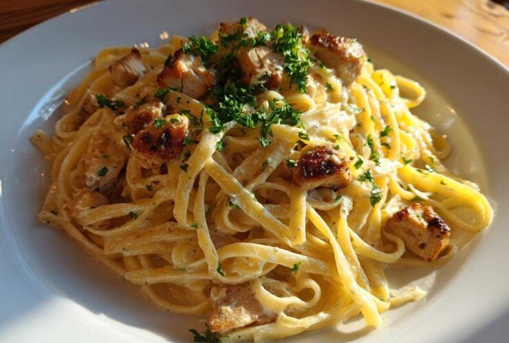 A close-up of Creamy Lemon Garlic Pasta with Chicken, featuring fettuccine coated in a rich sauce and topped with seared chicken pieces and parsley.