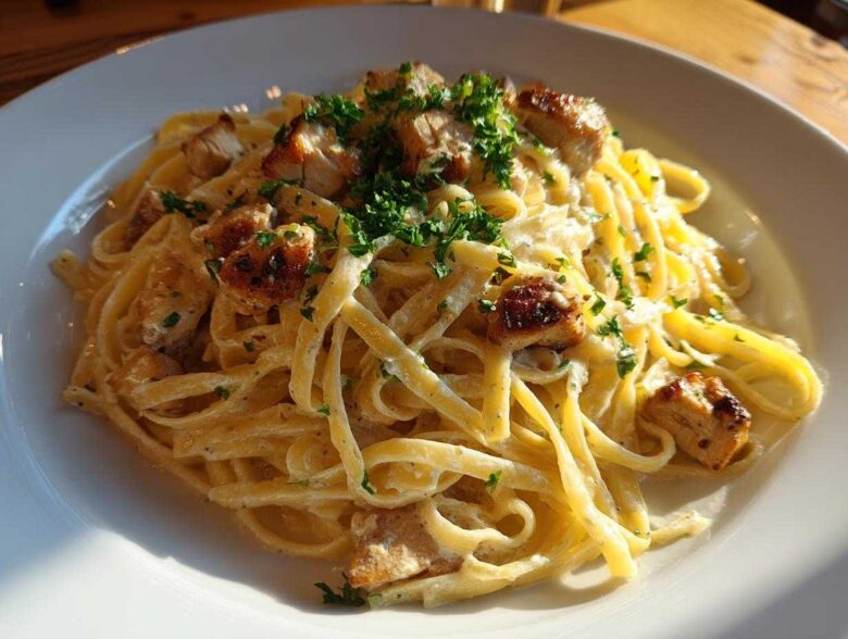 A close-up of Creamy Lemon Garlic Pasta with Chicken, featuring fettuccine coated in a rich sauce and topped with seared chicken pieces and parsley.