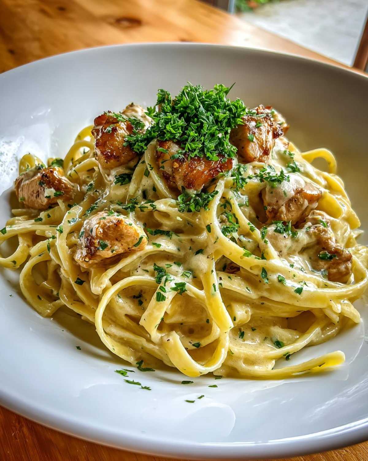 Close-up of a serving of Creamy Lemon Garlic Pasta with Chicken, topped with fresh parsley.