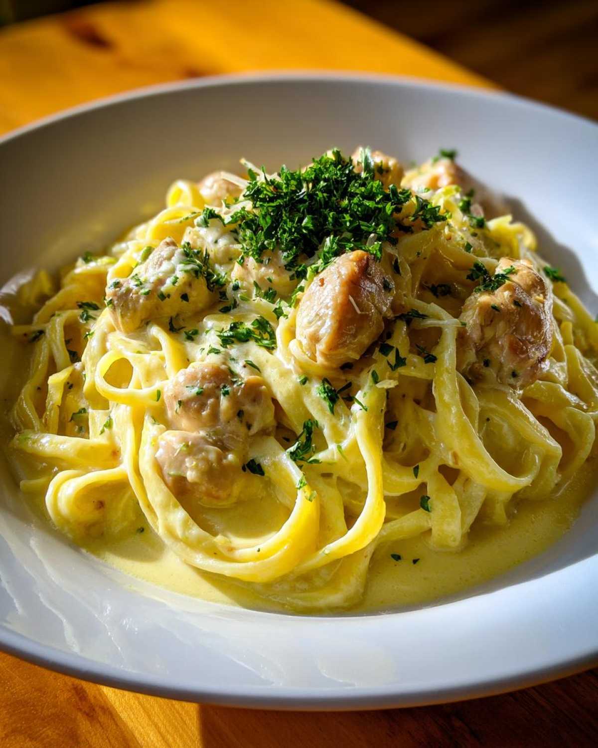 Close-up of Creamy Lemon Garlic Pasta with Chicken tossed in a rich sauce and topped with fresh parsley.